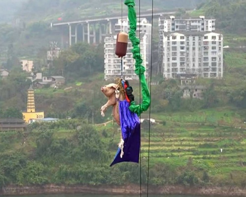 Obligan a un cerdo a hacer puenting en China